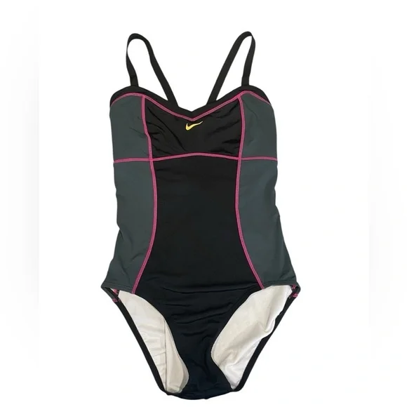 Nike Women's Crossback Black and Gray One-Piece Swimsuit with Pink Trim - Picture 1 of 4